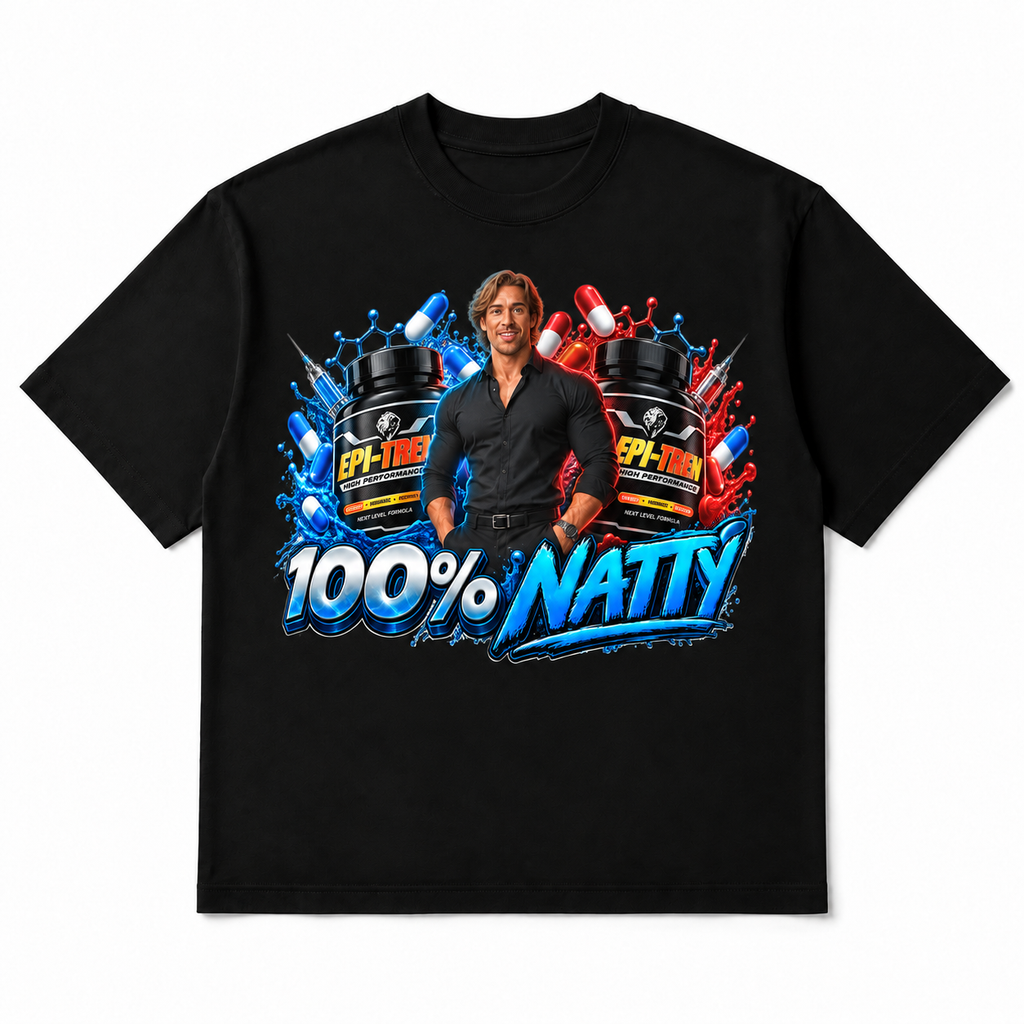 100% Natty Tee in black, front flat-lay mockup