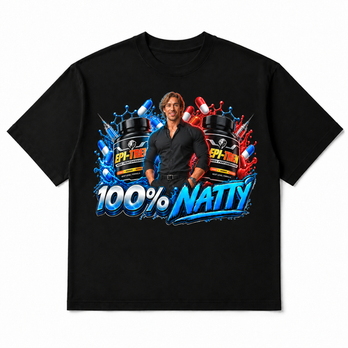 100% Natty Tee in black, front flat-lay mockup