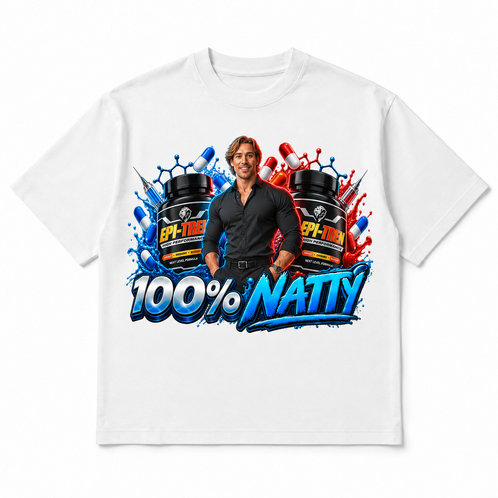 100% Natty Tee in white, front flat-lay mockup