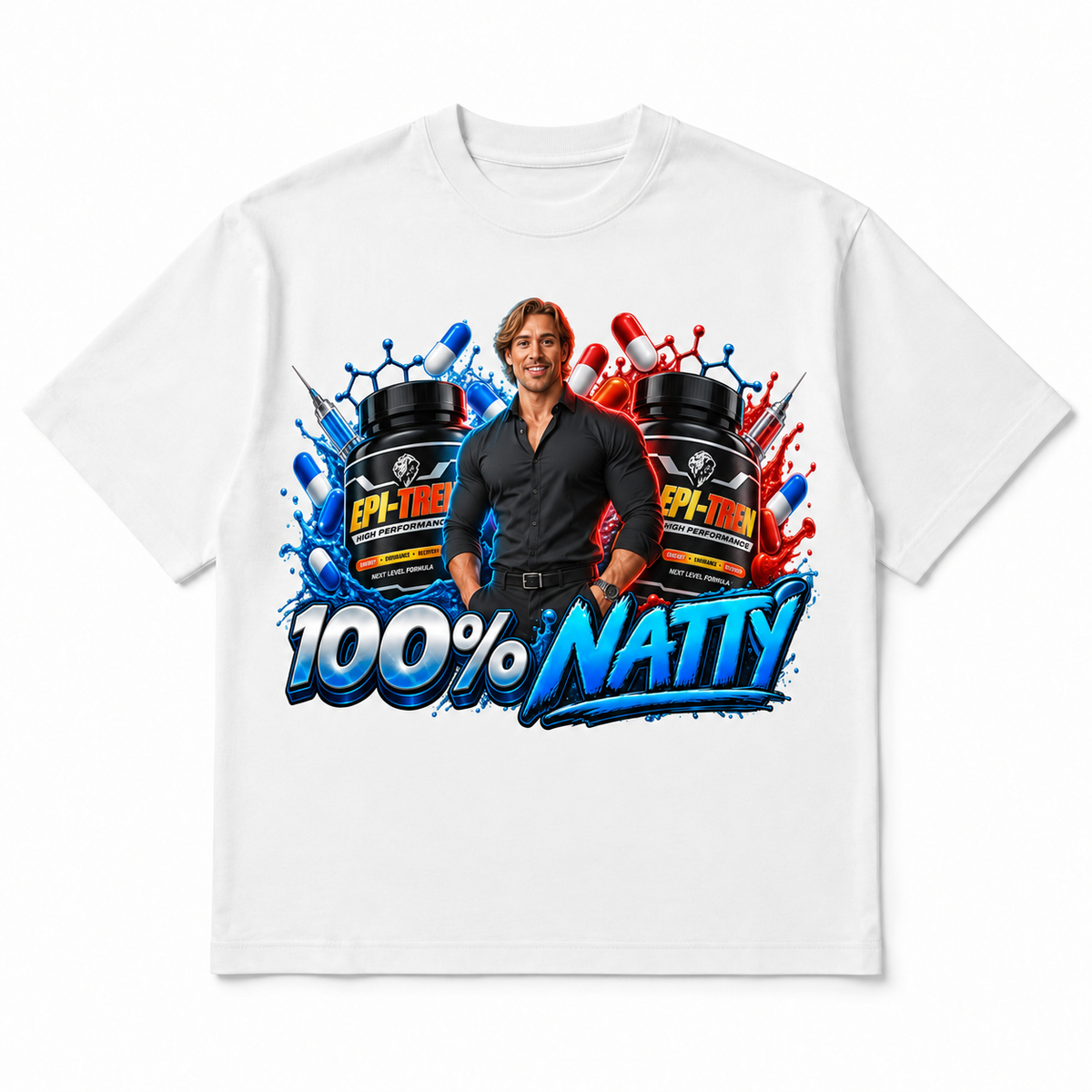 100% Natty Tee in white, front flat-lay mockup