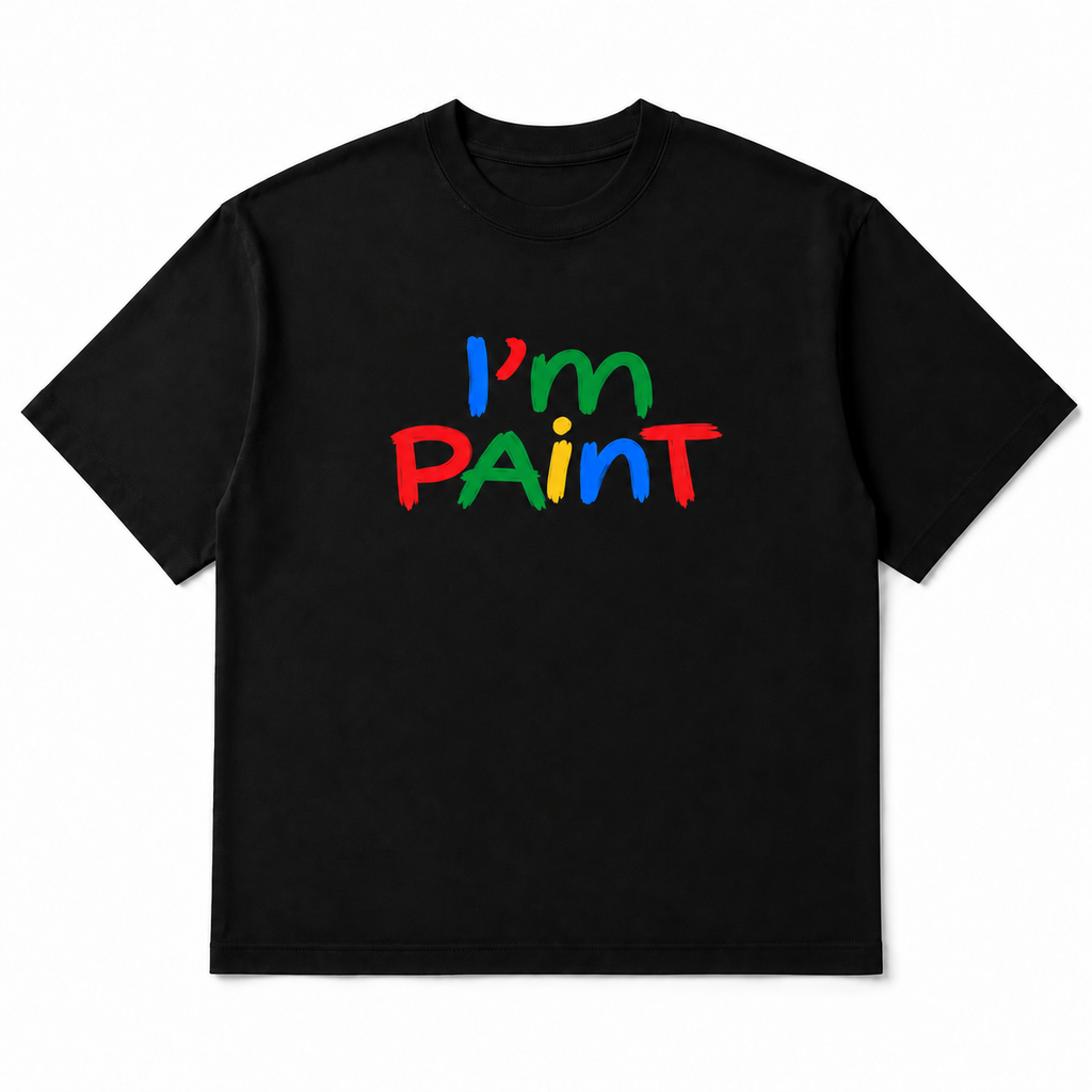 I Am Paint Tee in black, front flat-lay mockup