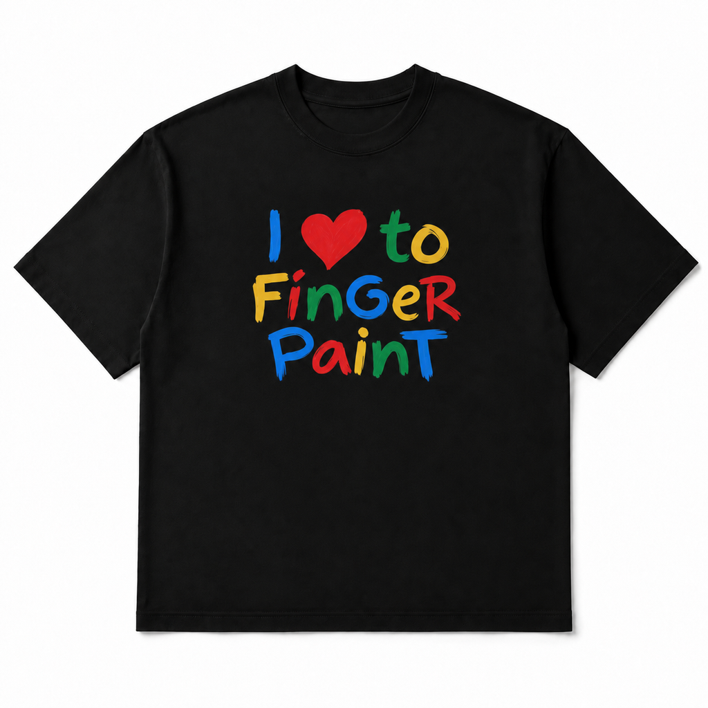 I Love to Finger Paint Tee in black, front flat-lay mockup