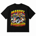 Manual Transmission Tee in black, front flat-lay mockup