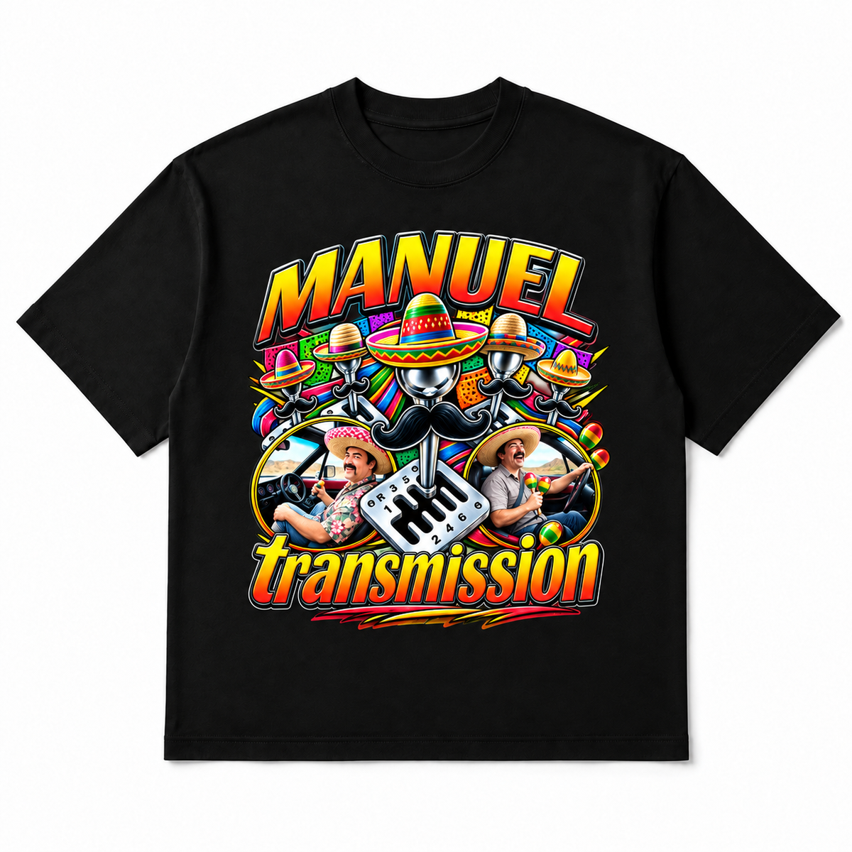 Manual Transmission Tee in black, front flat-lay mockup
