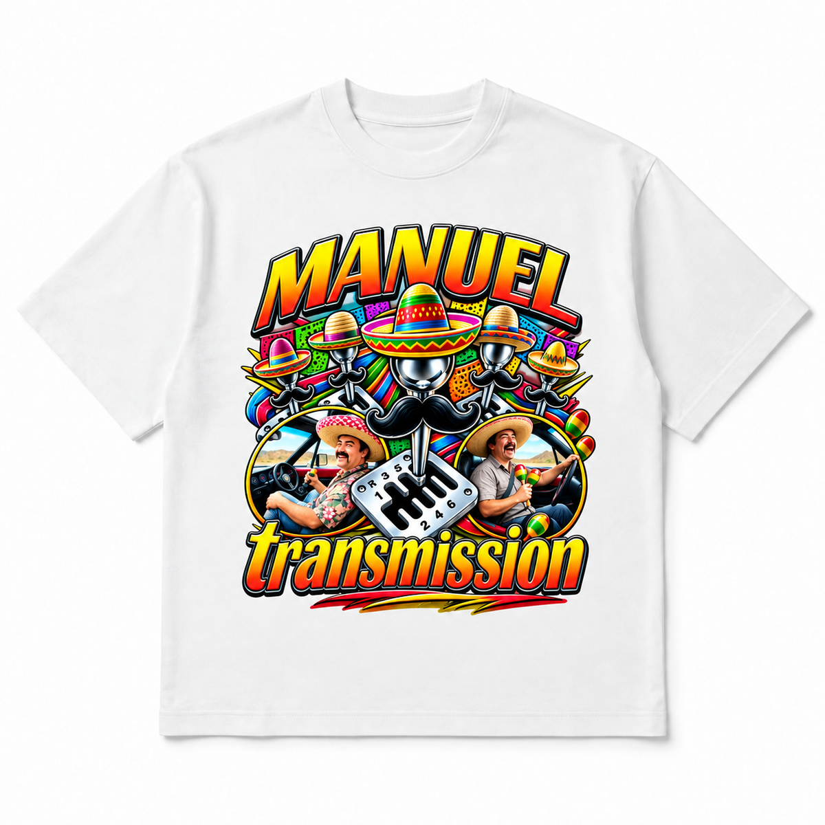 Manual Transmission Tee in white, front flat-lay mockup