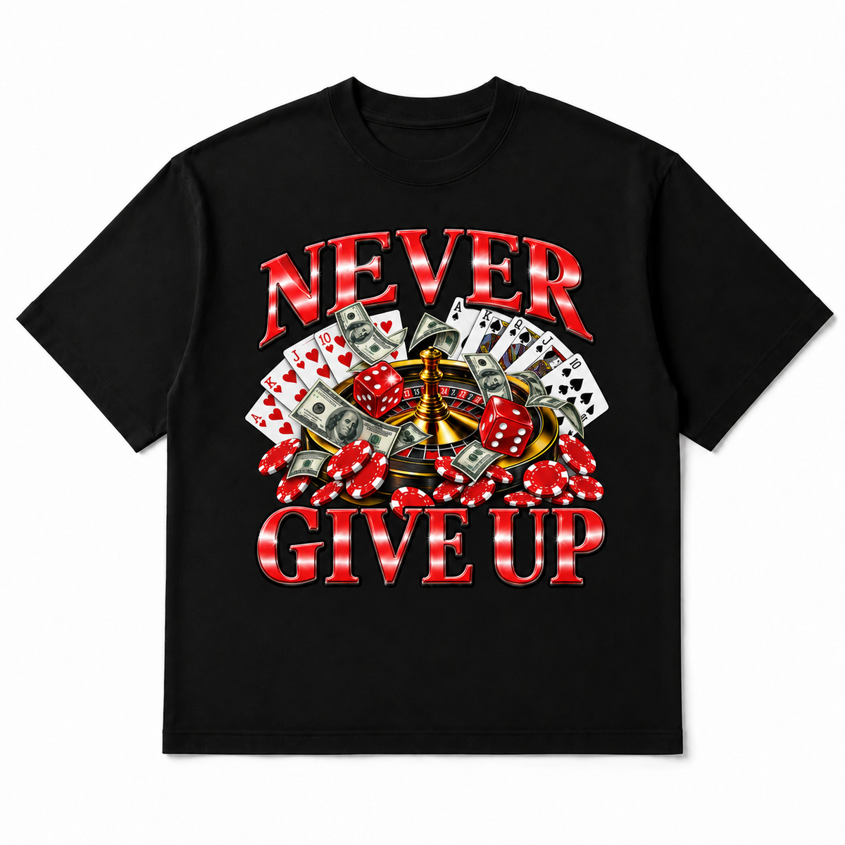 Never Give Up Tee in black, front flat-lay mockup