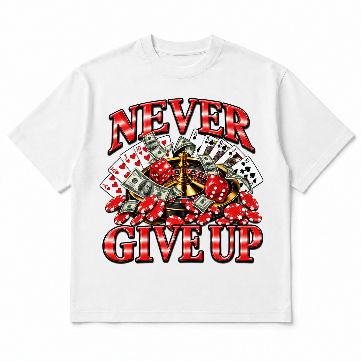 Never Give Up Tee in white, front flat-lay mockup