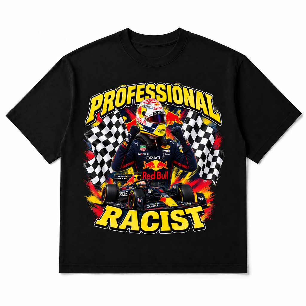 Prof. Racist Tee in black, front flat-lay mockup