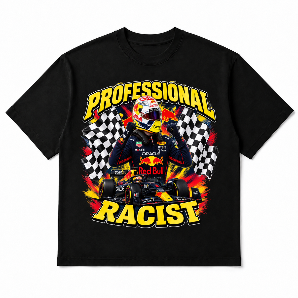 Prof. Racist Tee in black, front flat-lay mockup