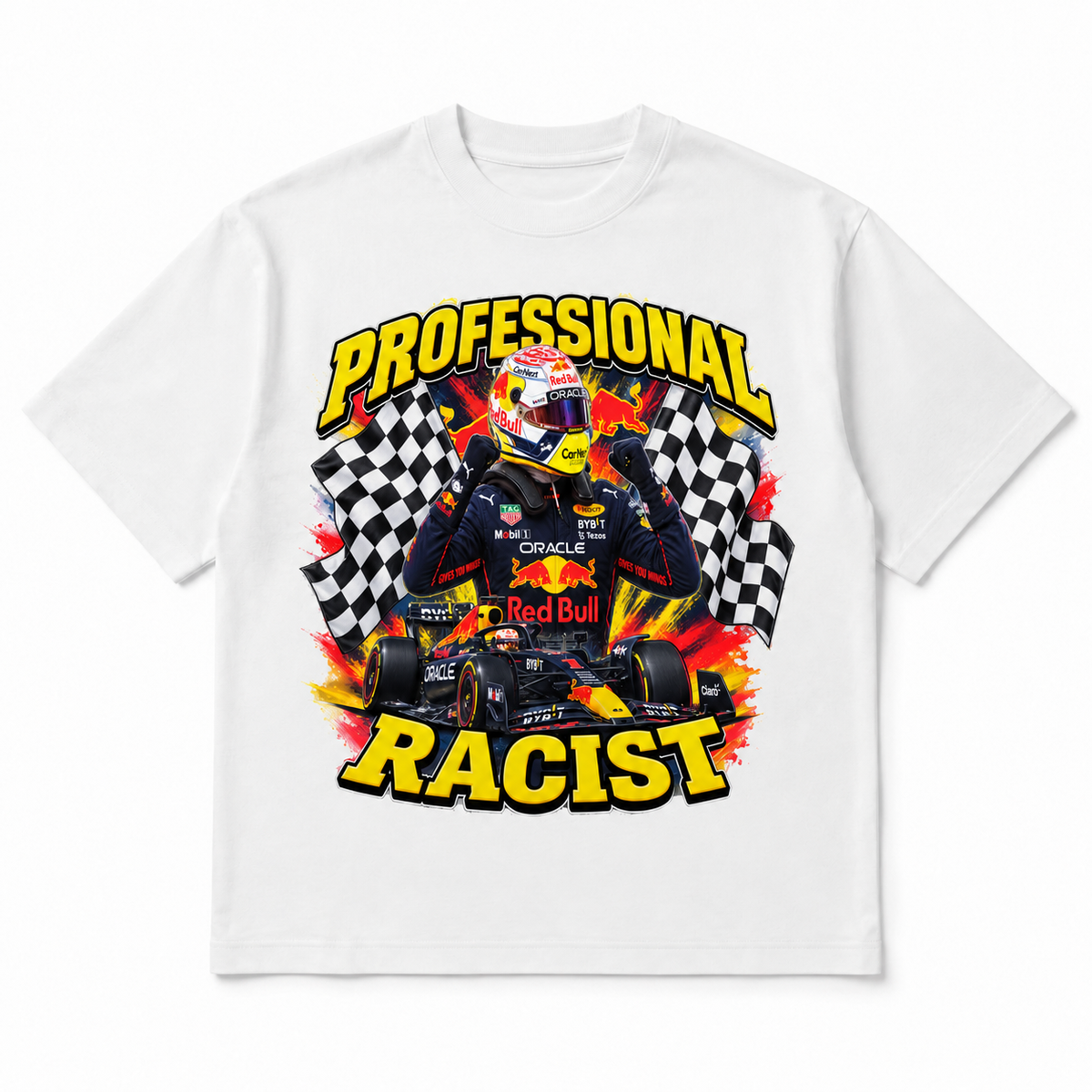 Prof. Racist Tee in white, front flat-lay mockup