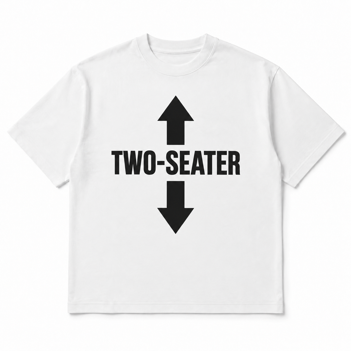 Two Seater Tee in white, front flat-lay mockup
